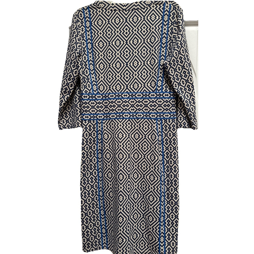 J. McLaughlin A Line V Neck 3/4 Sleeve Side Zip Dress Sz M Blue Geometric Nylon - Picture 2 of 10